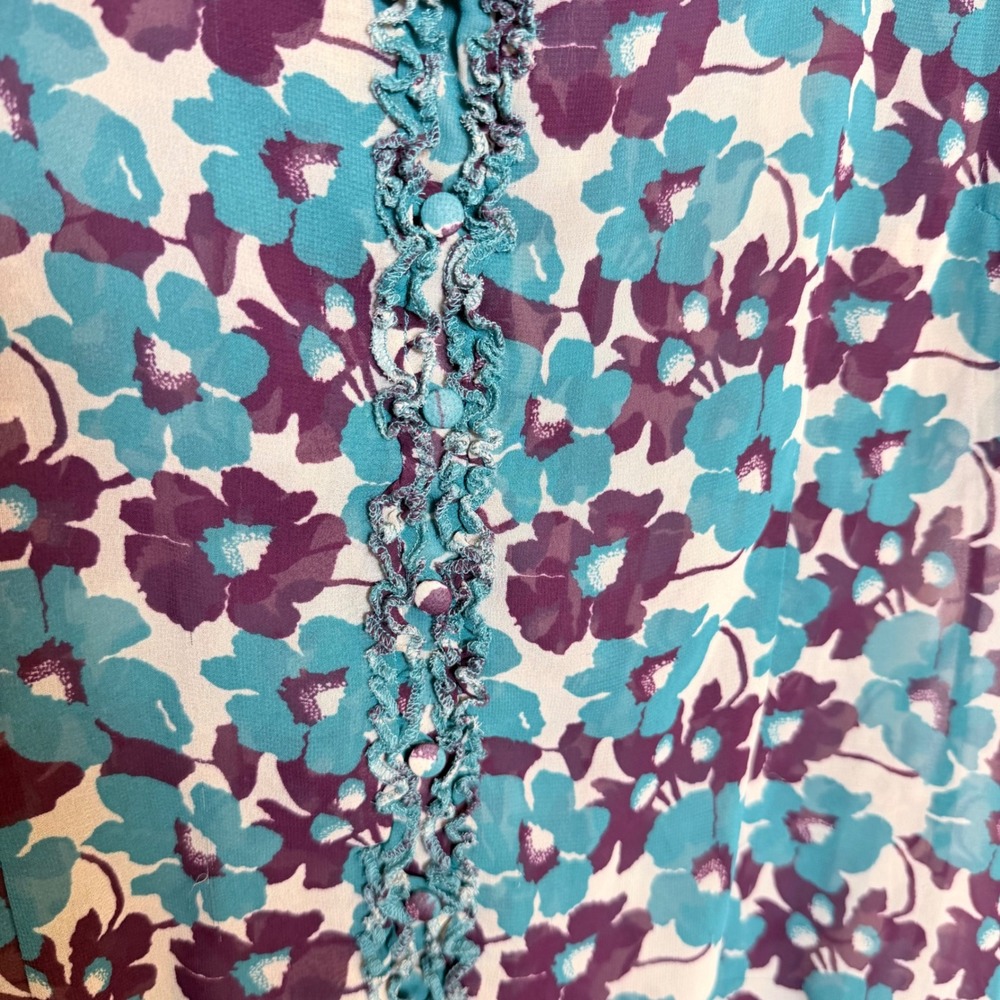 Fossil Womens Teal Purple Floral Sheer Ruffle V-Neck Blouse Top Size M - Picture 2 of 6